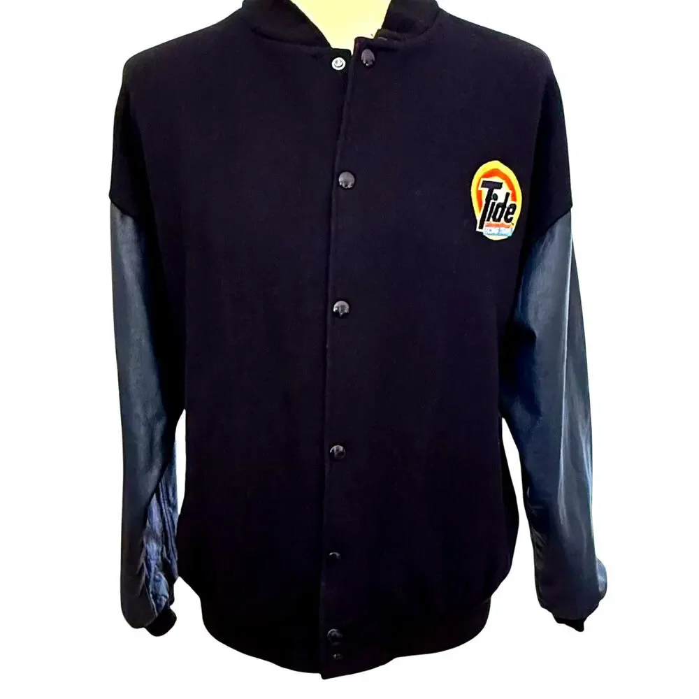 Osterman Tide Racing Letterman Jacket Mens sz L Navy Blue Leather Indie Nascar